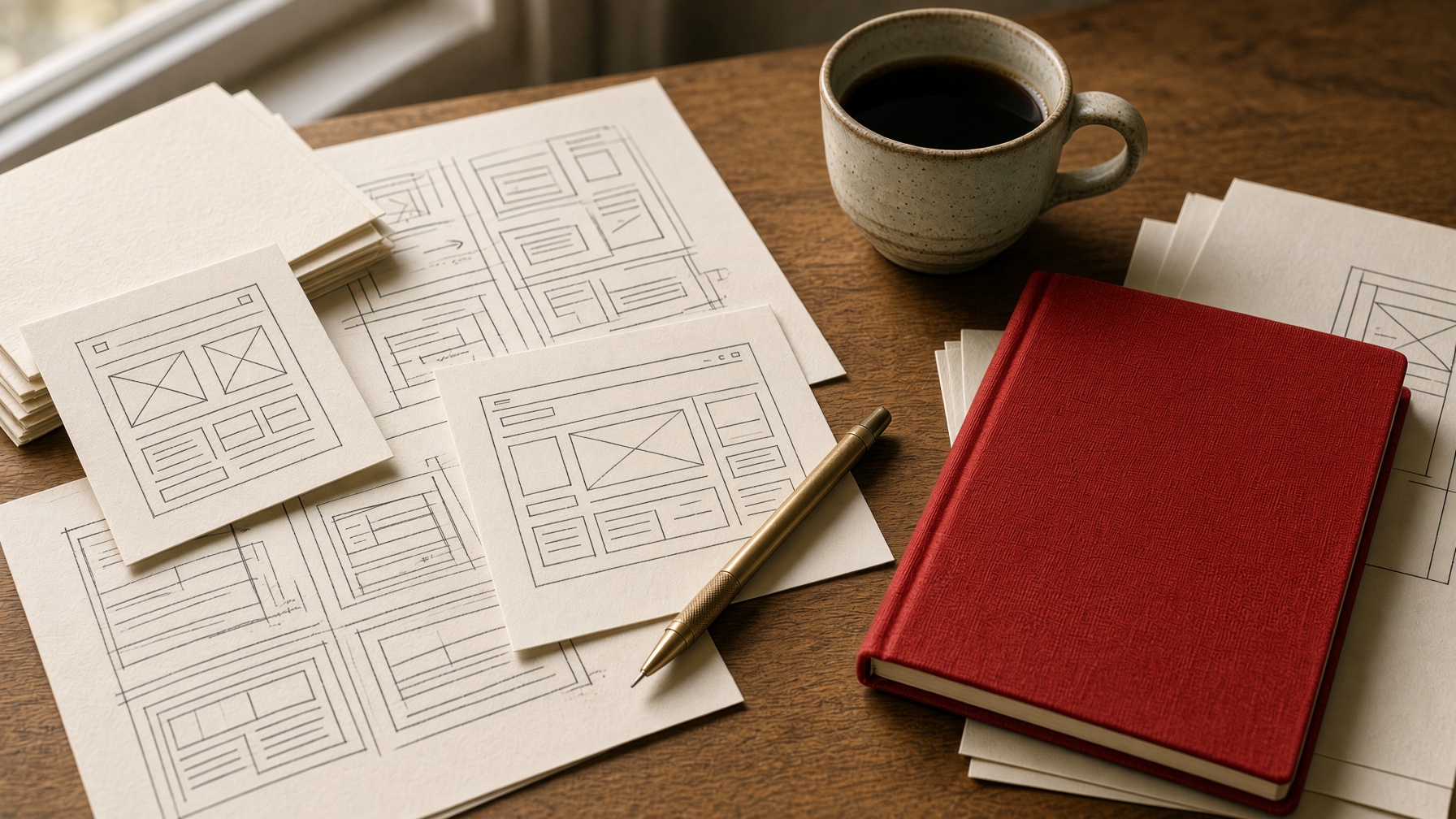 Studio desk with cream paper, a scarlet notebook, and a brass pencil.